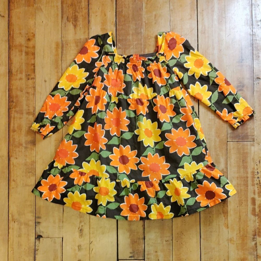 Gymboree Dress 4T Floral Long Sleeve Cotton Dress Retro Yellow Orange